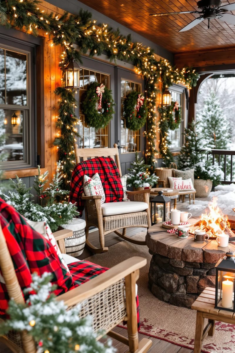 cozy outdoor seating around a fire pit with flannel throws and hot cocoa mugs 1