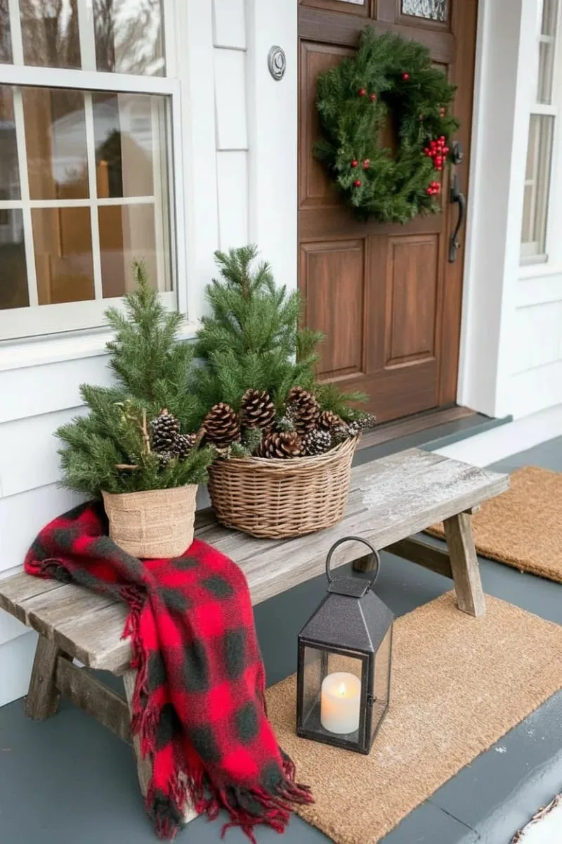 cozy plaid blanket draped on a vintage bench with mini trees 1