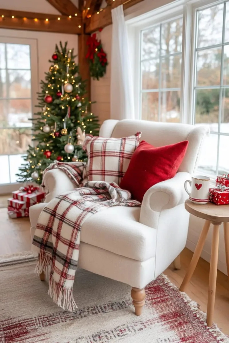 15 She Shed Christmas Decor Ideas For A Unique Winter Wonderland 3 cozy plaid throws and tartan pillows for a festive she shed nook 1