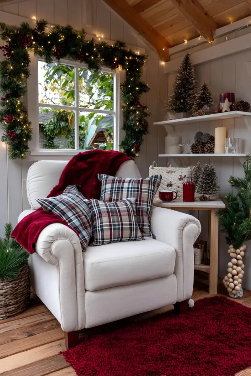 15 She Shed Christmas Decor Ideas For A Unique Winter Wonderland 4 cozy plaid throws and tartan pillows for a festive she shed nook 1