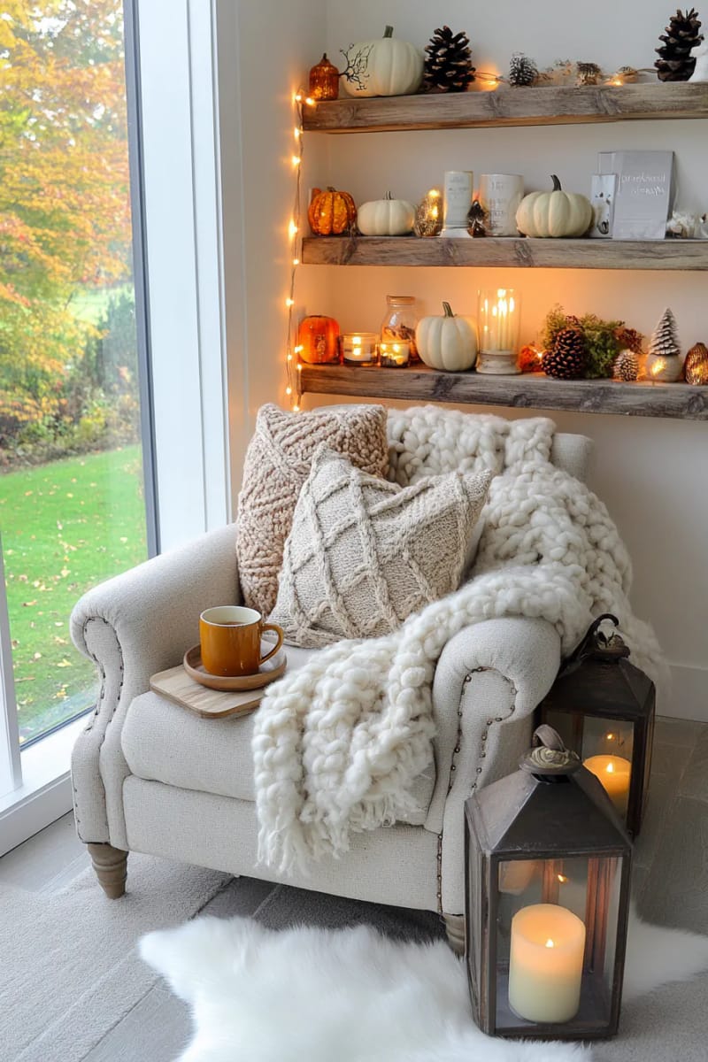 cozy reading nook with knitted pillows and faux fur rug 26