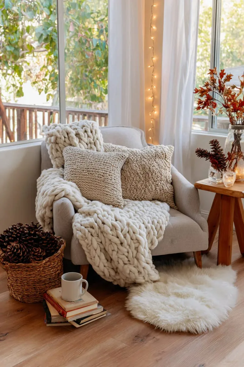 cozy reading nook with knitted pillows and faux fur rug 1