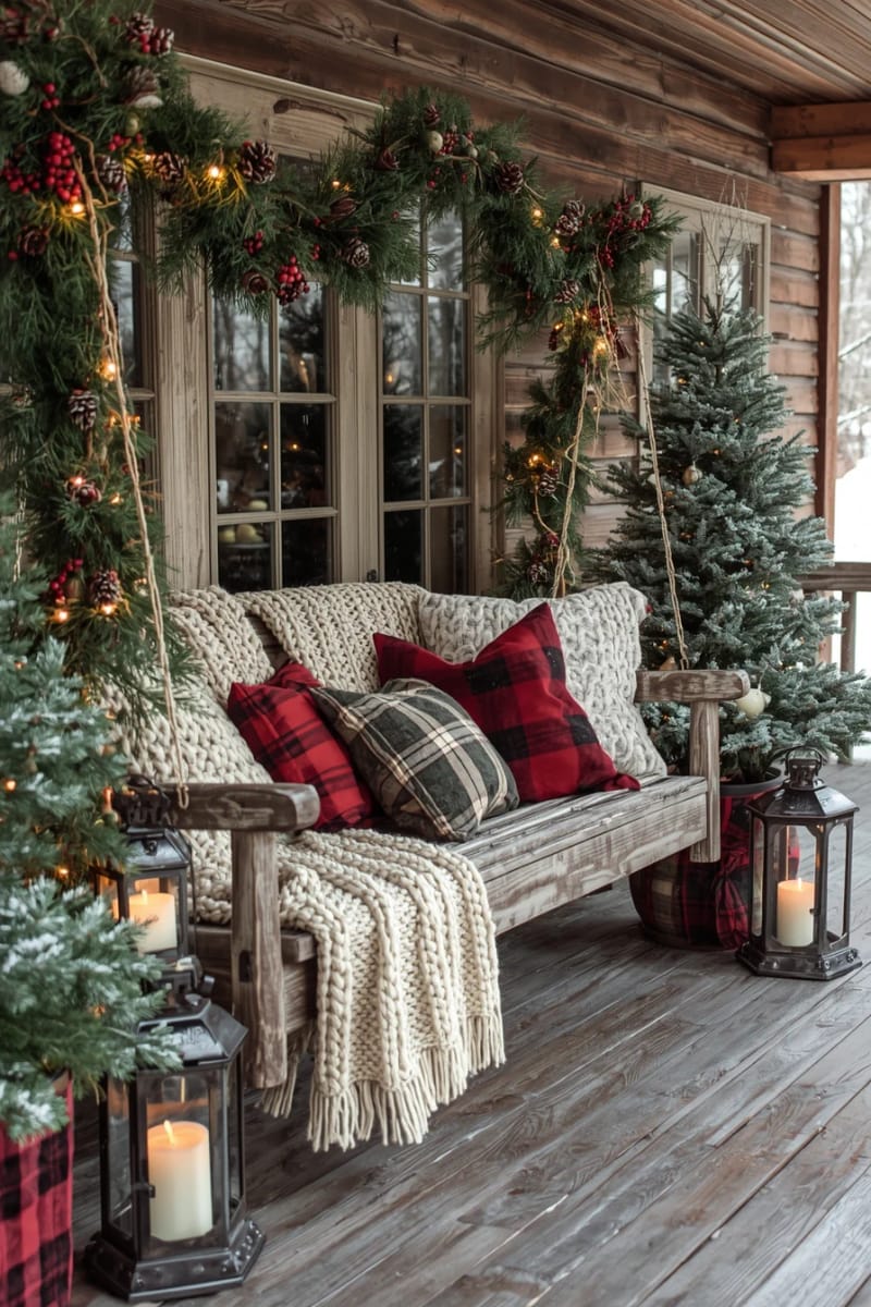 cozy swing bench with chunky knit throws, plaid pillows, and pinecone garlands 1