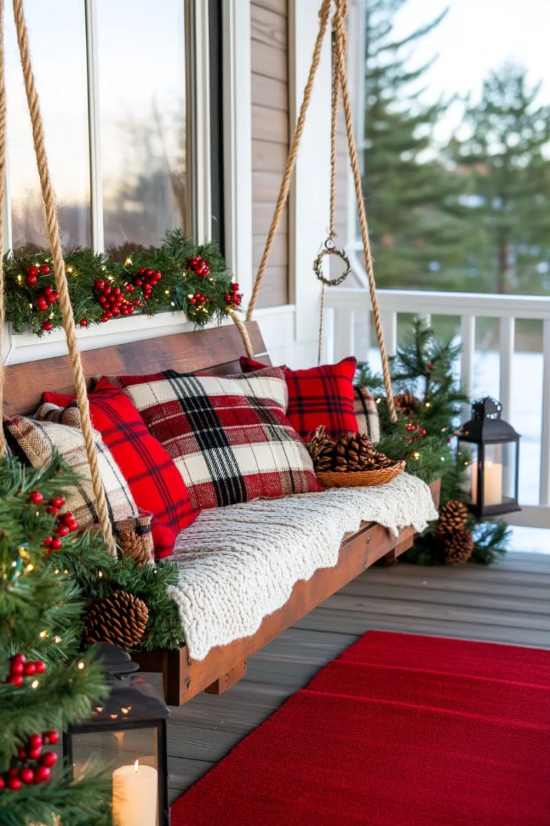 cozy swing bench with chunky knit throws, plaid pillows, and pinecone garlands 1