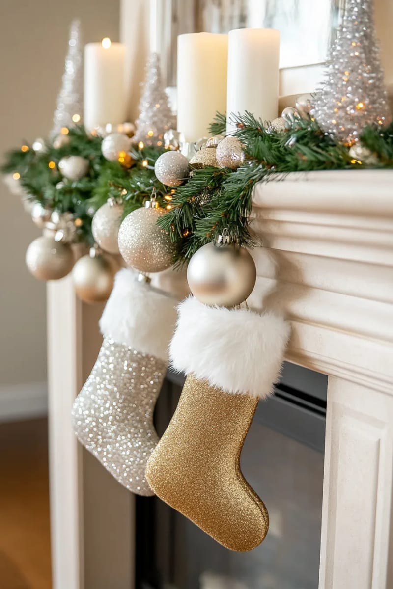 create a gold and silver ornament garland draped across a neutral mantel. 1