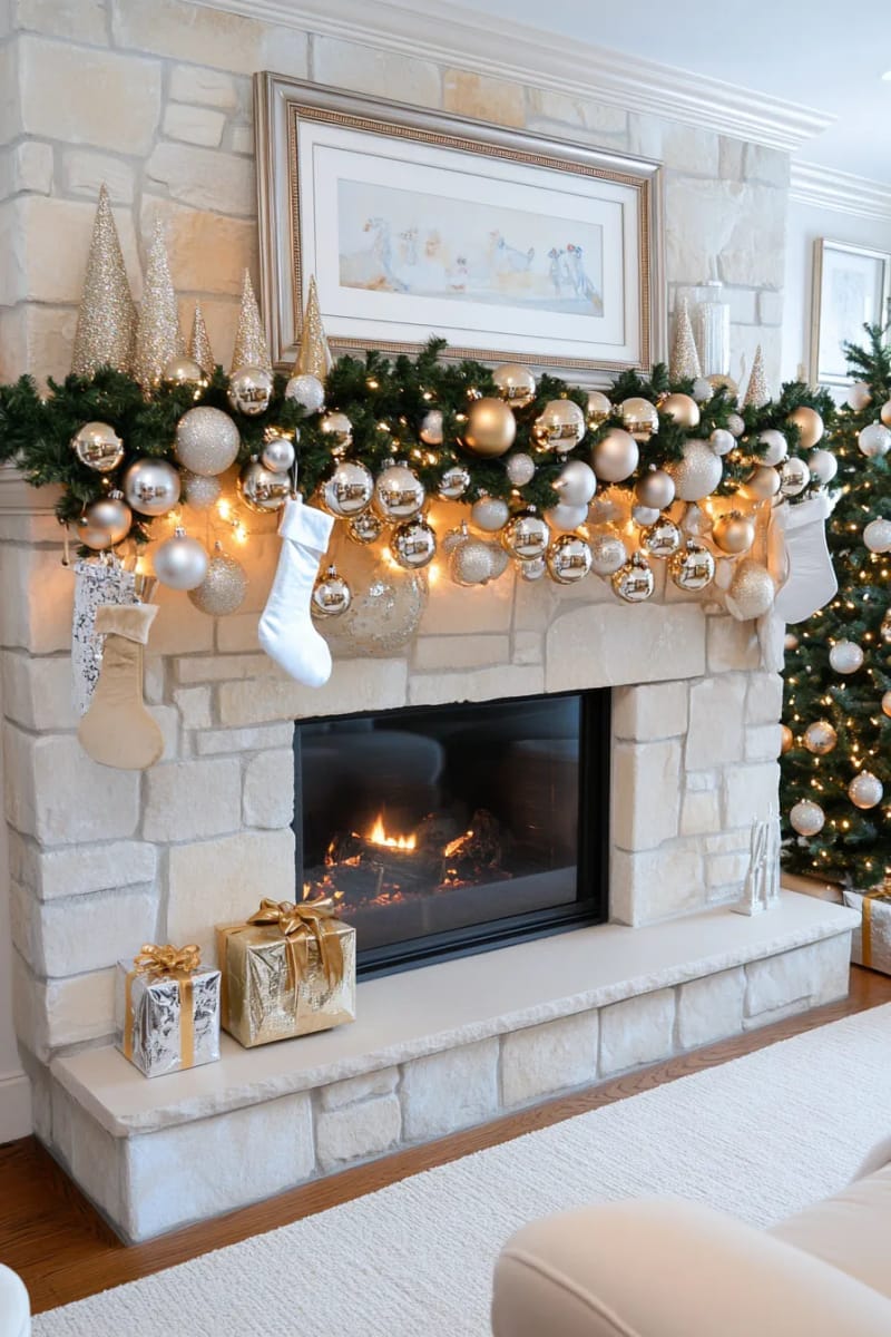 create a gold and silver ornament garland draped across a neutral mantel. 1