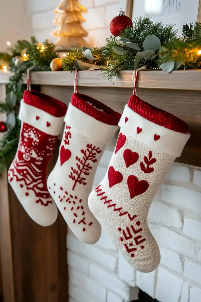 create a scandinavian-inspired look with red embroidery and white felt hearts 1