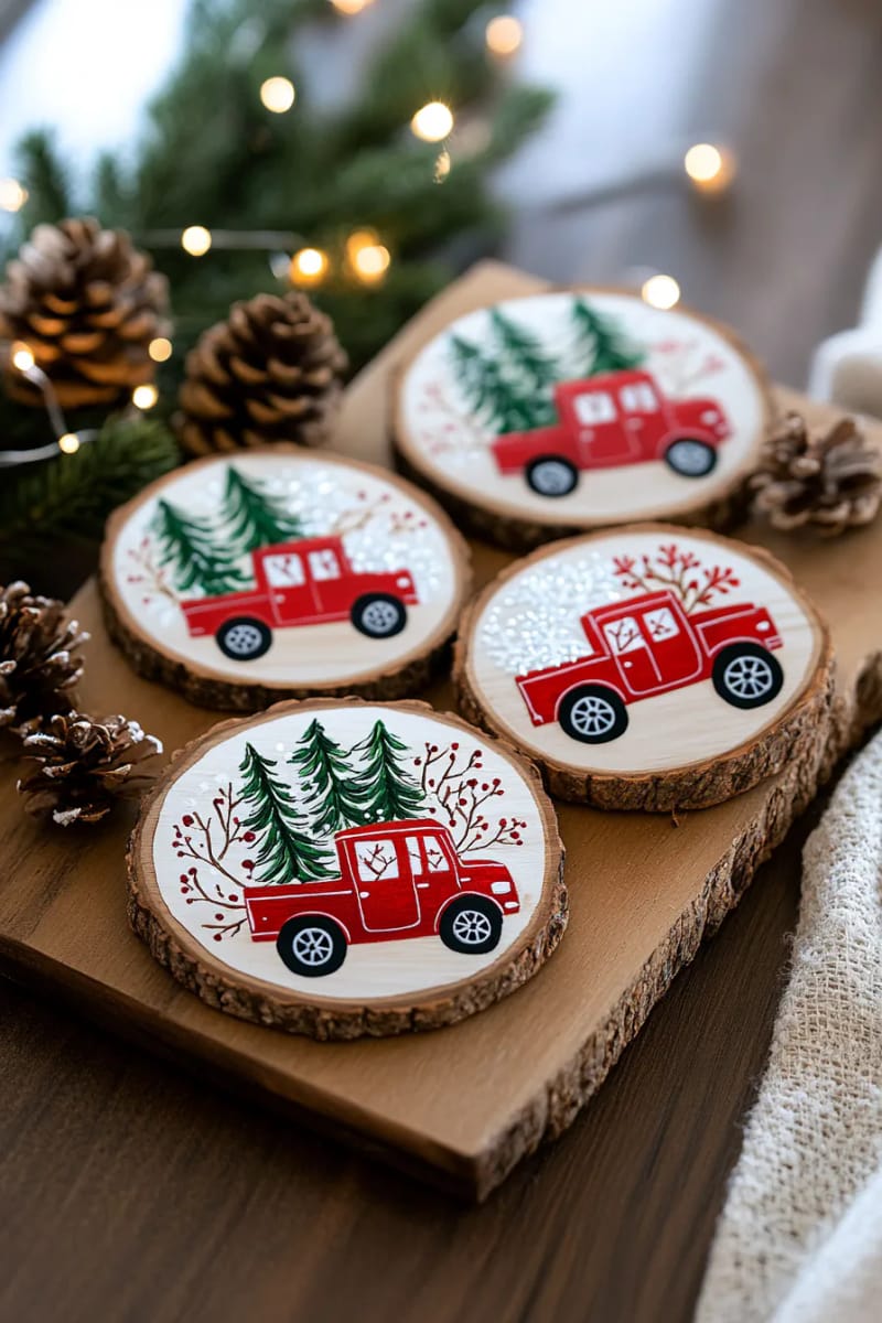21 Wooden Christmas Ornament Ideas for a Warm and Natural Holiday Decor 35 custom wood slice ornaments painted with classic red truck and snowy trees 1