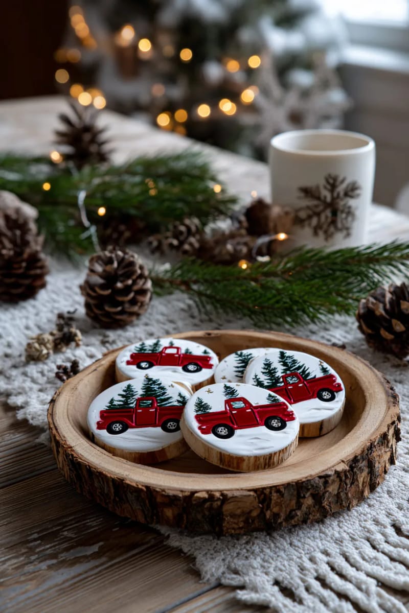 21 Wooden Christmas Ornament Ideas for a Warm and Natural Holiday Decor 36 custom wood slice ornaments painted with classic red truck and snowy trees 1