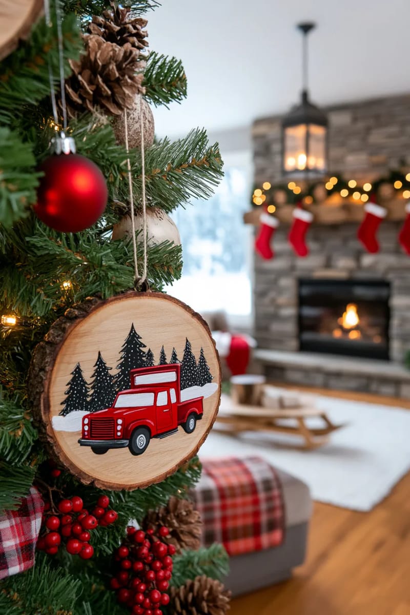 21 Wooden Christmas Ornament Ideas for a Warm and Natural Holiday Decor 37 custom wood slice ornaments painted with classic red truck and snowy trees 1