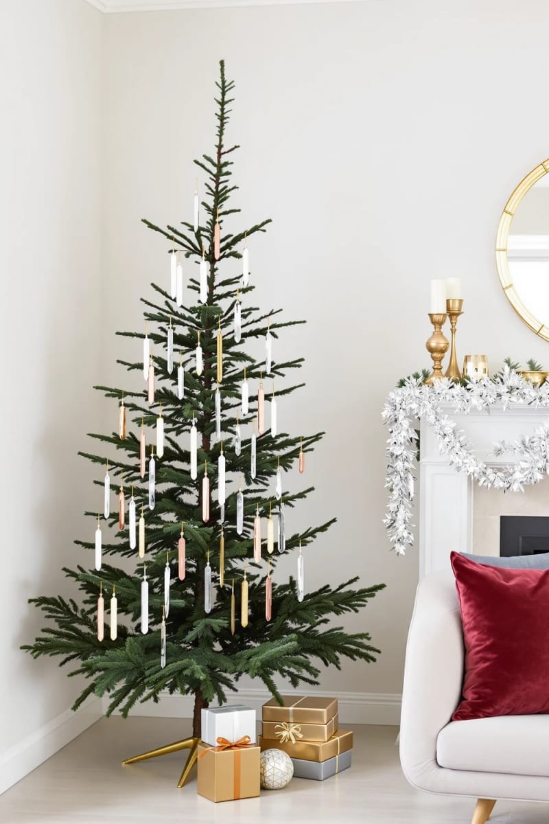 decorate a minimalist tree with only metallic icicle ornaments. 1