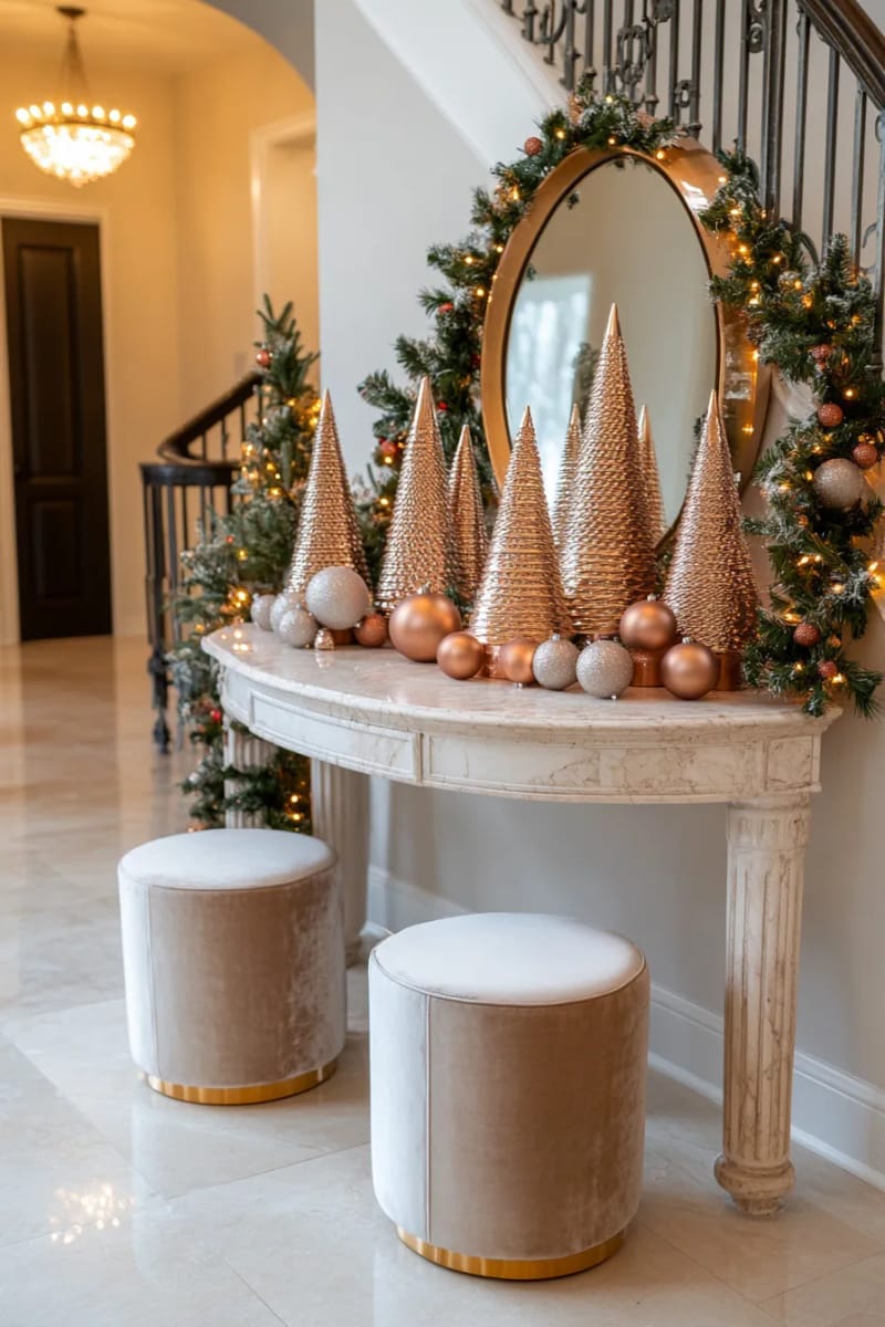 display shimmering copper and rose gold cone trees on a marble entryway table. 1