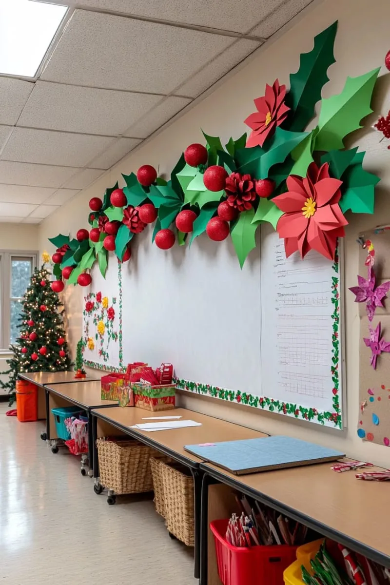 21 Festive Classroom Christmas Decor Ideas for a Joyful Season 58 diy 3d paper holly and berry garlands strung along the whiteboard 1