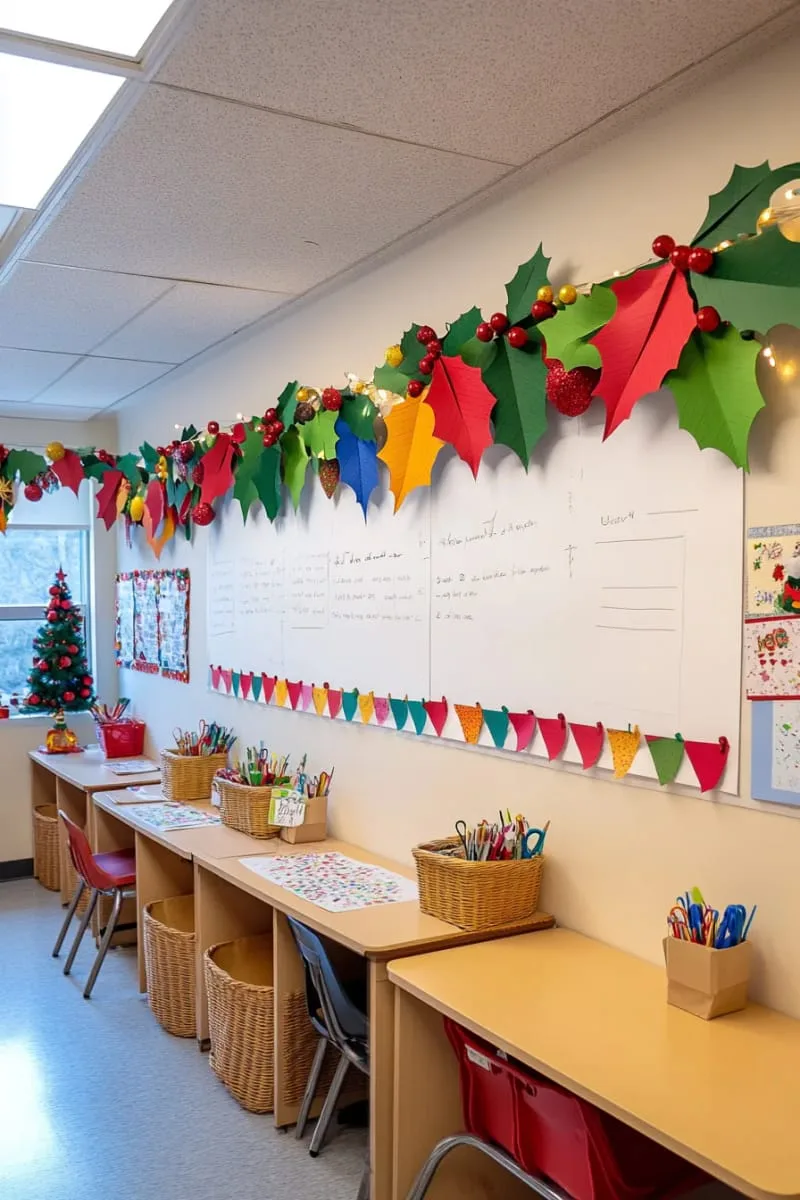 21 Festive Classroom Christmas Decor Ideas for a Joyful Season 59 diy 3d paper holly and berry garlands strung along the whiteboard 1