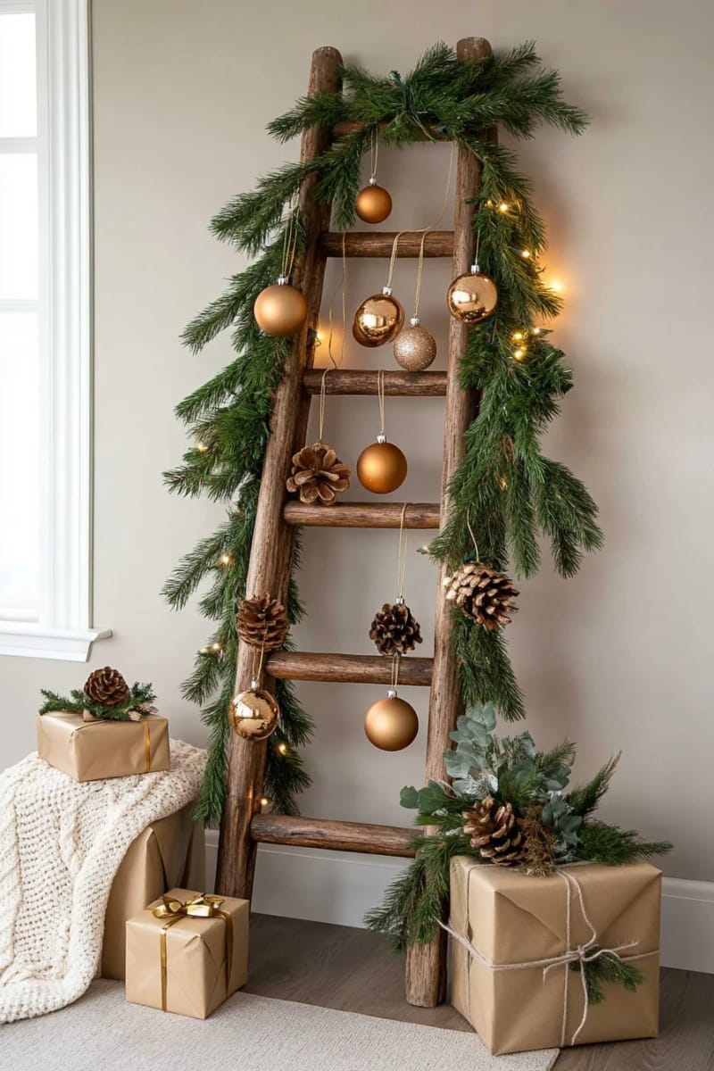 diy ladder “tree” draped in garlands and hanging metallic ornaments 1