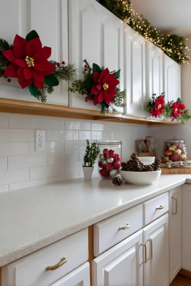 diy paper poinsettias attached to cabinet panels 1