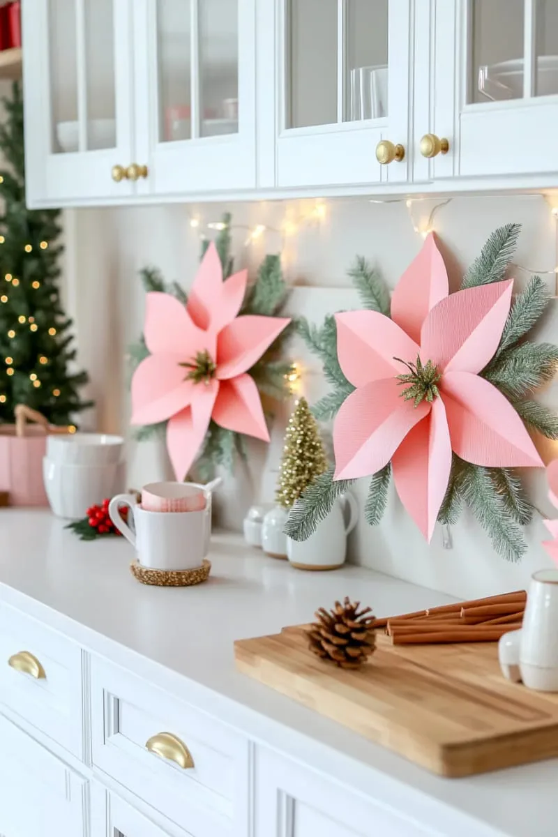diy paper poinsettias attached to cabinet panels 1