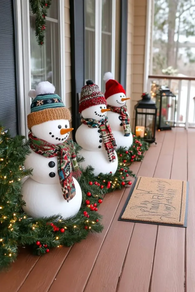 diy topiary snowmen using foam balls, thrifted hats, and scarves for porch corners. 30