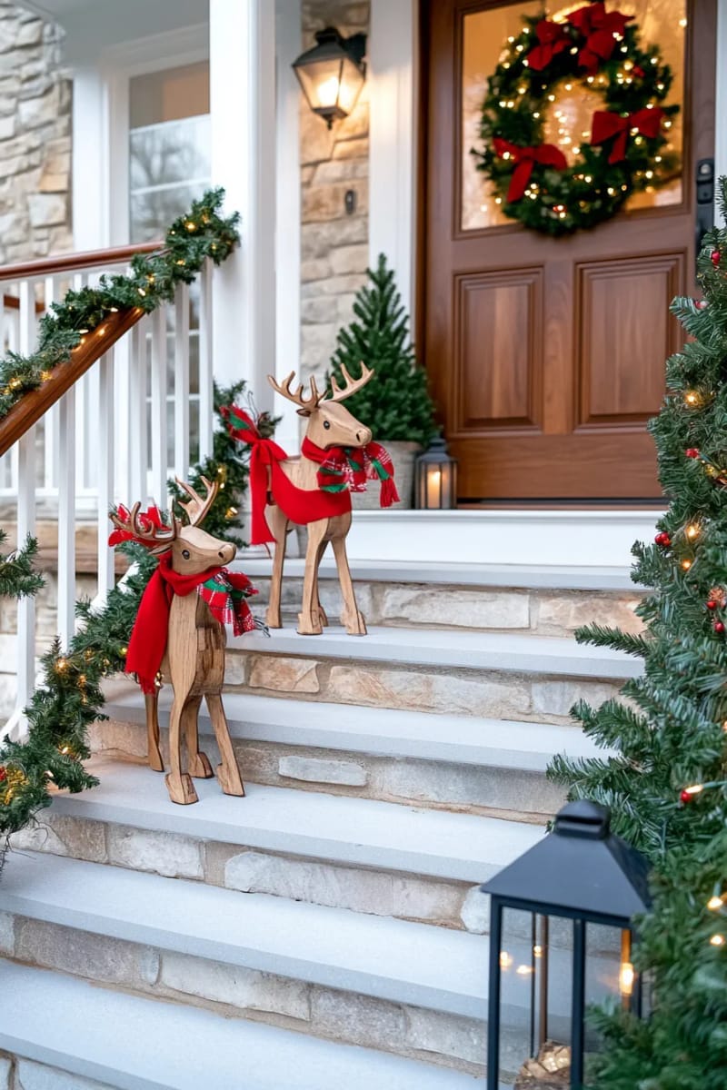 diy wooden reindeer family standing guard at the steps 1