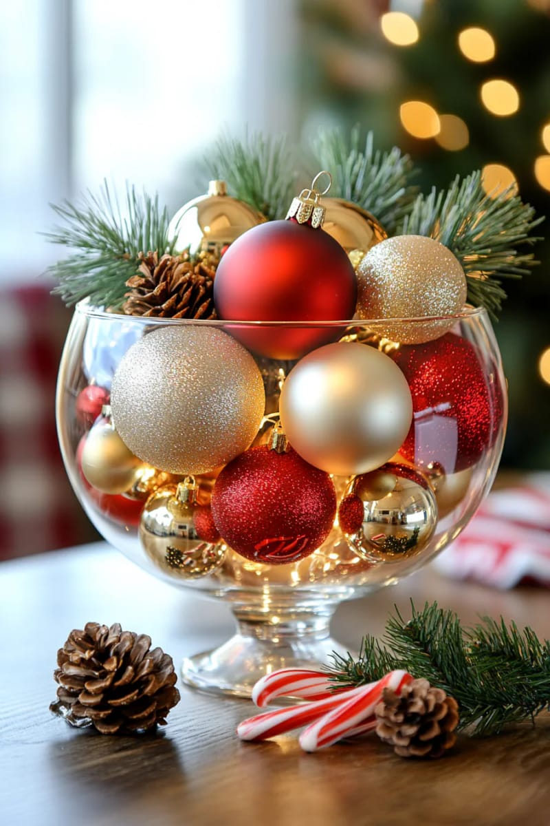 dollar store glass bowl stacked with ornaments and twinkle lights 1