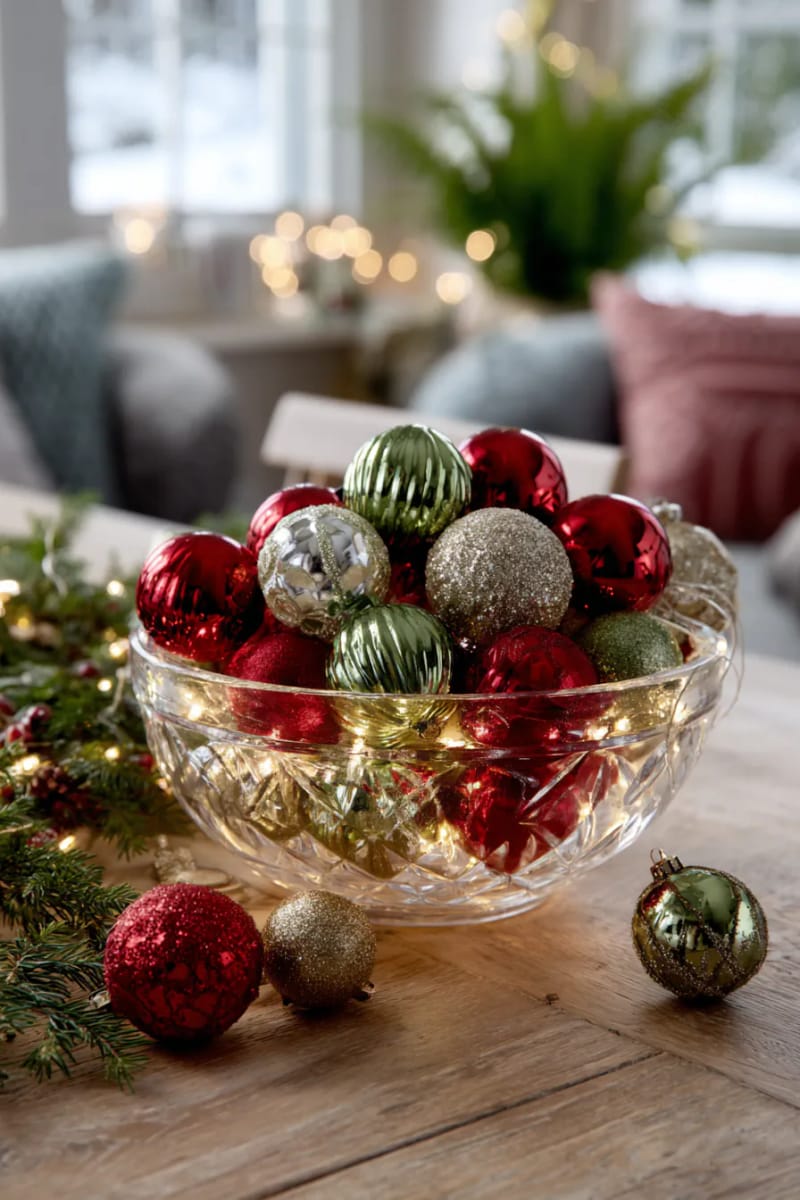 dollar store glass bowl stacked with ornaments and twinkle lights 1