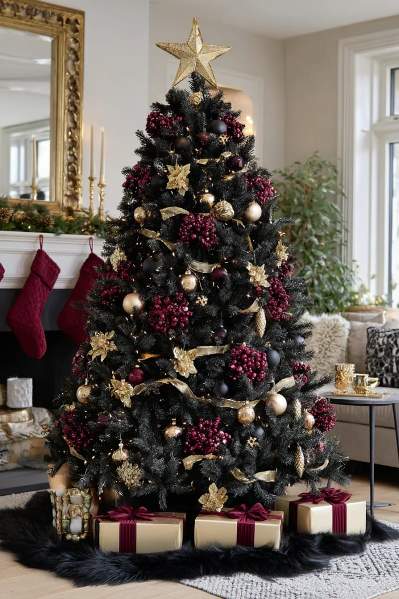 dramatic black christmas tree adorned with metallic gold and deep red accents 1