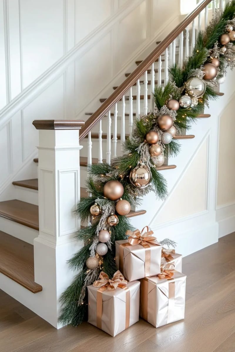 drape metallic bead garlands down a staircase banister for extra sparkle. 1