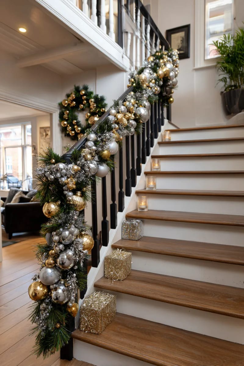 drape metallic bead garlands down a staircase banister for extra sparkle. 1