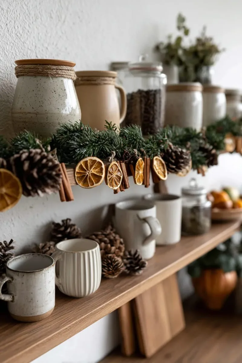 dried orange and cinnamon garland for cozy kitchen shelves 1