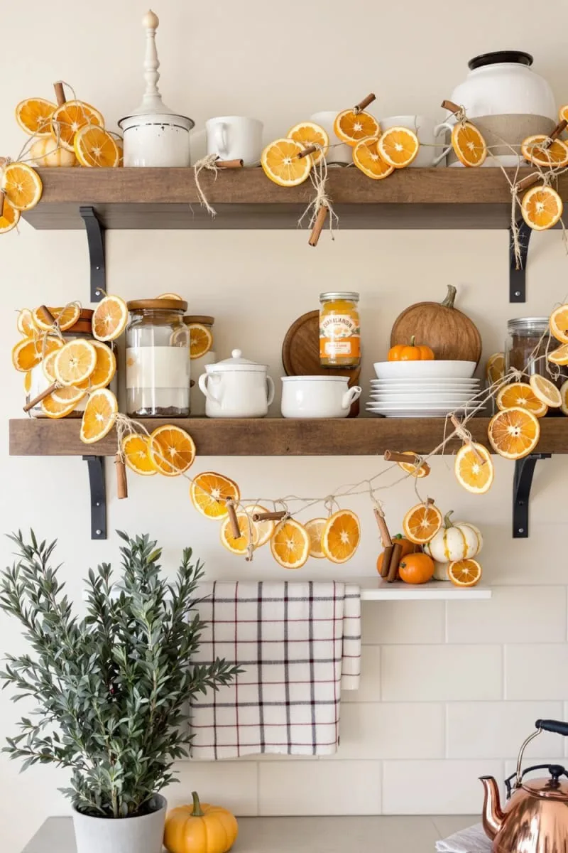 dried orange and cinnamon garland for cozy kitchen shelves 1