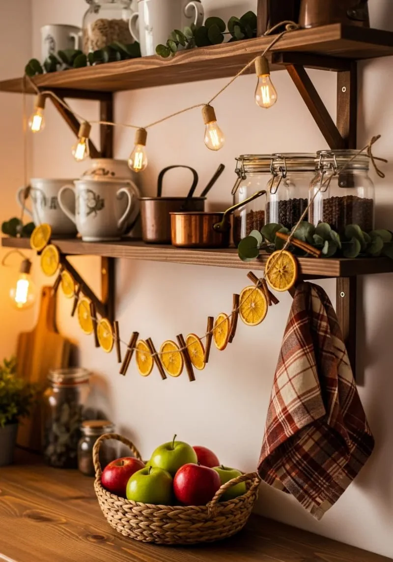 dried orange and cinnamon garland for cozy kitchen shelves 1
