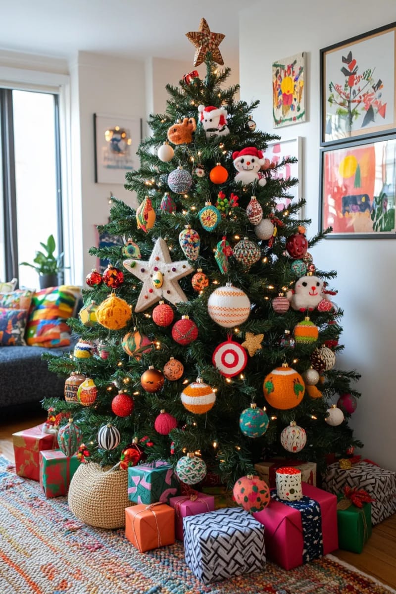 eclectic tree using mismatched ornaments and quirky, handmade decorations 1