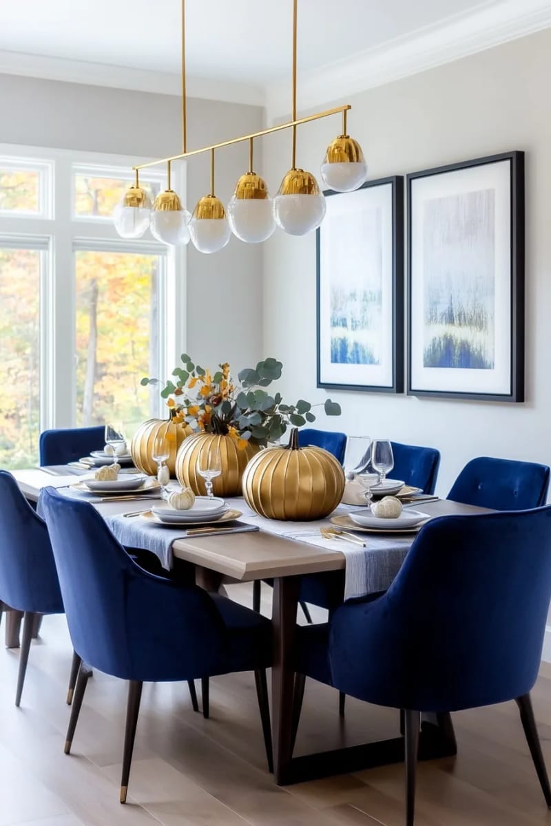 elegant blue and gold pumpkin runner for a modern thanksgiving table 1