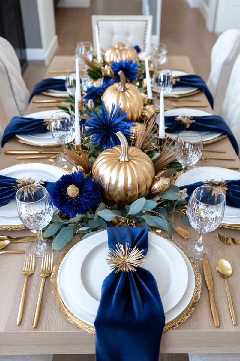 elegant blue and gold pumpkin runner for a modern thanksgiving table 1