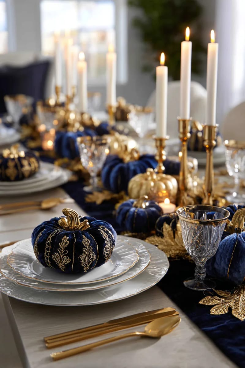 elegant blue and gold pumpkin runner for a modern thanksgiving table 1