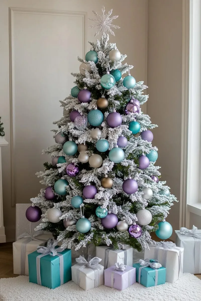 21 Whimsical Colorful Christmas Trees That Wow! 46 elegant flocked tree with icy blue, lavender, and silver ornaments 1