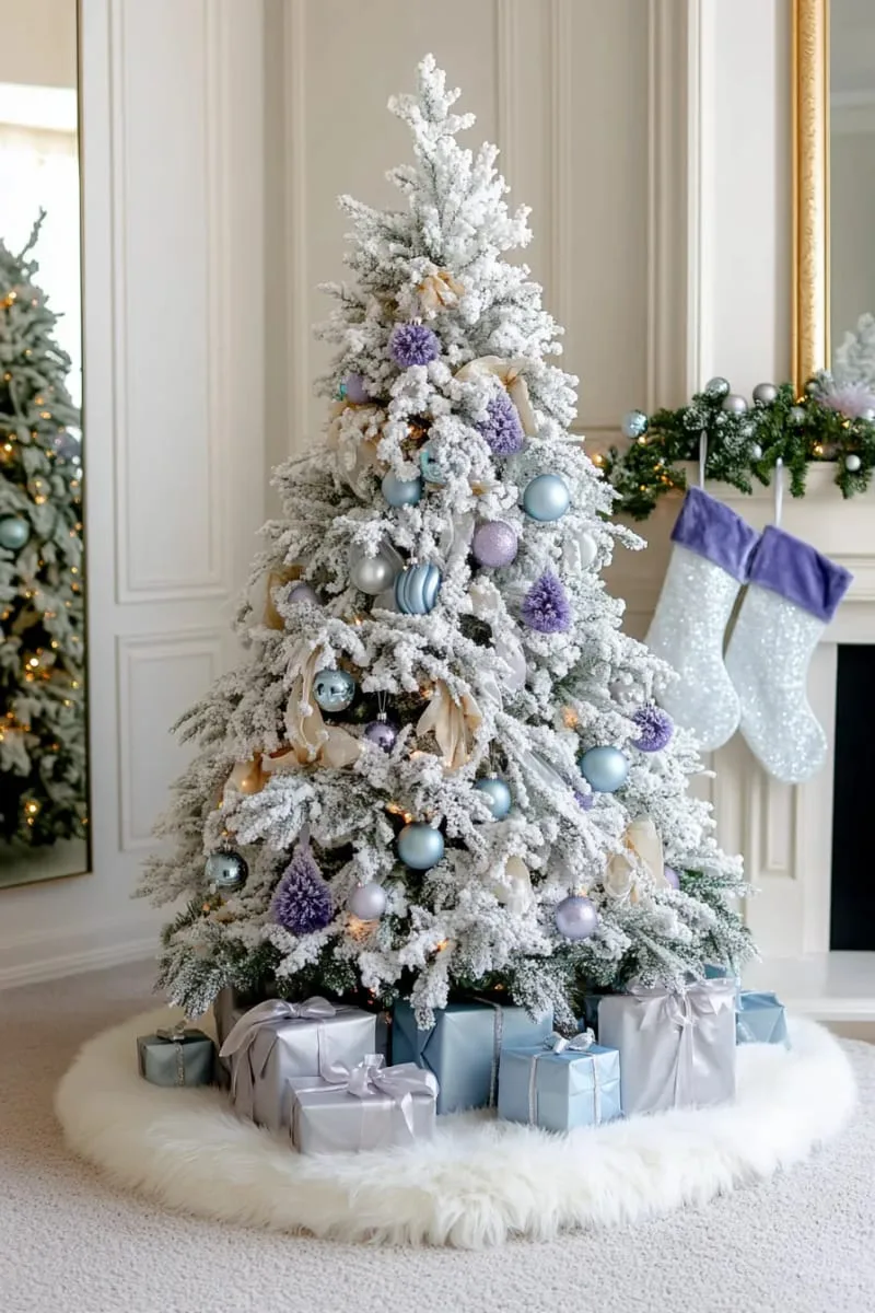 21 Whimsical Colorful Christmas Trees That Wow! 47 elegant flocked tree with icy blue, lavender, and silver ornaments 1