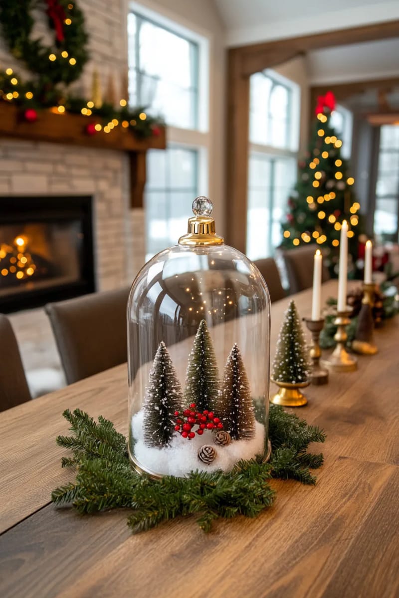 elegant glass cloche covering tiny bottle brush trees and faux snow 1