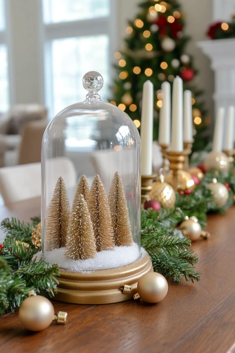 elegant glass cloche covering tiny bottle brush trees and faux snow 1