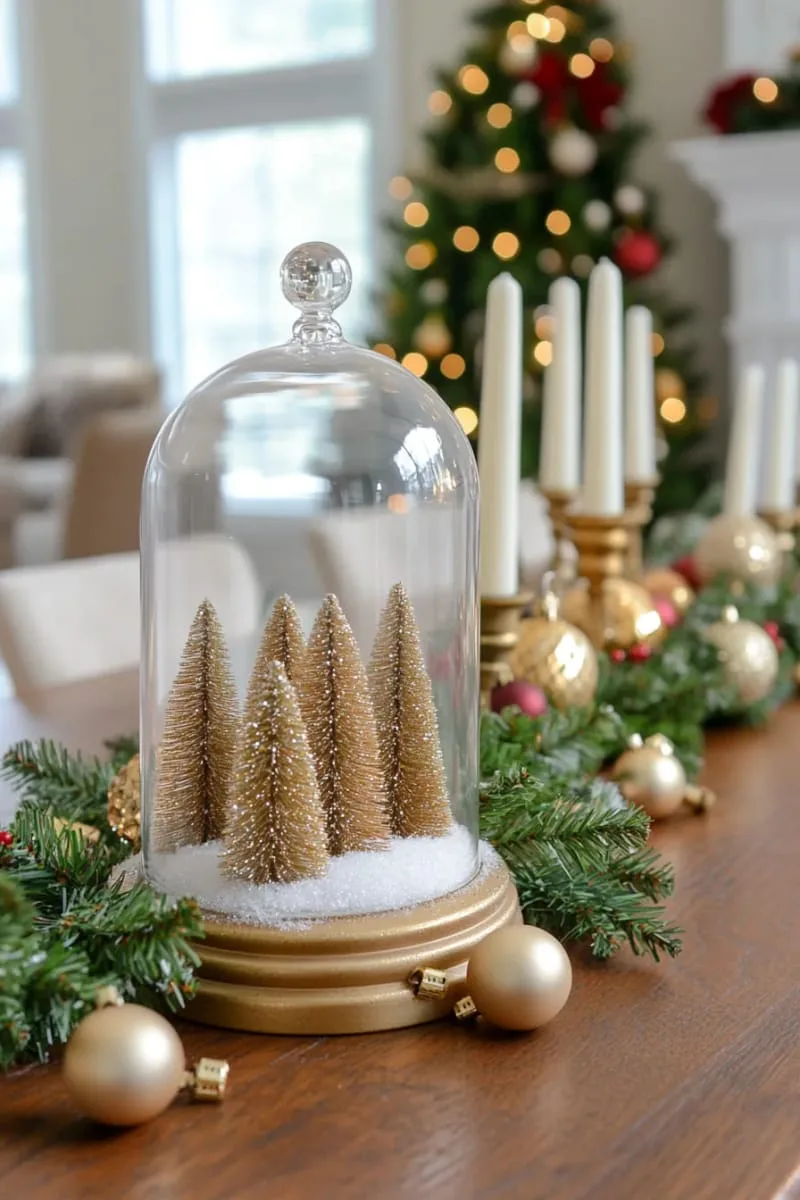 15 Easy DIY Christmas Centerpieces to Brighten the Yuletide Season 57 elegant glass cloche covering tiny bottle brush trees and faux snow 1