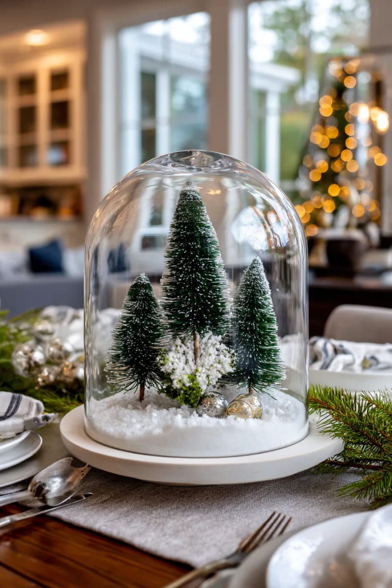 elegant glass cloche covering tiny bottle brush trees and faux snow 1