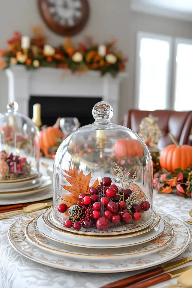 elegant glass cloches covering small bundles of assorted fall berries 1