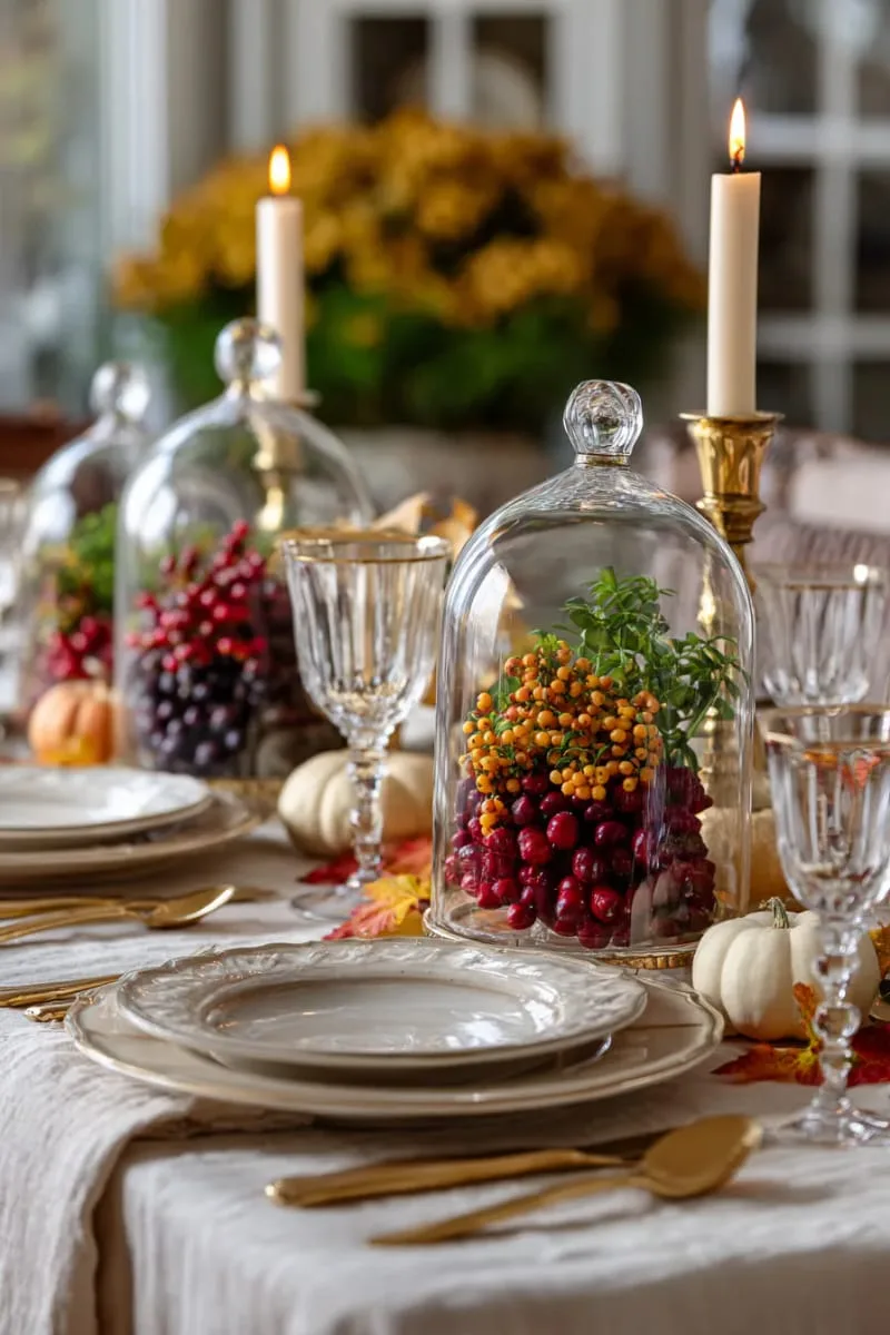elegant glass cloches covering small bundles of assorted fall berries 1