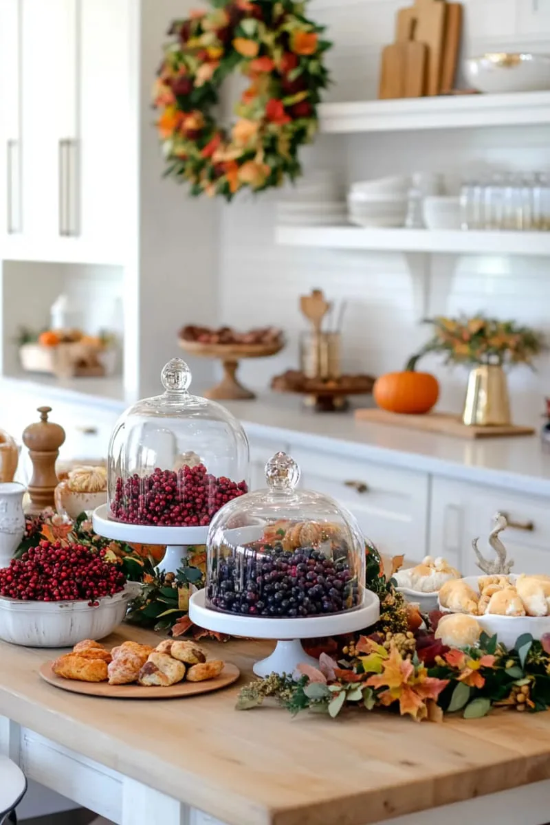 elegant glass cloches covering small bundles of assorted fall berries 1