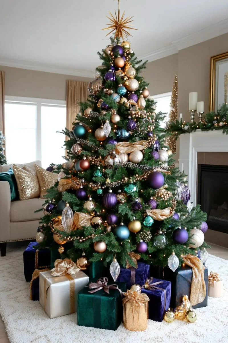 21 Whimsical Colorful Christmas Trees That Wow! 12 elegant jewel-toned tree with sapphire, emerald, and amethyst glass ornaments 1