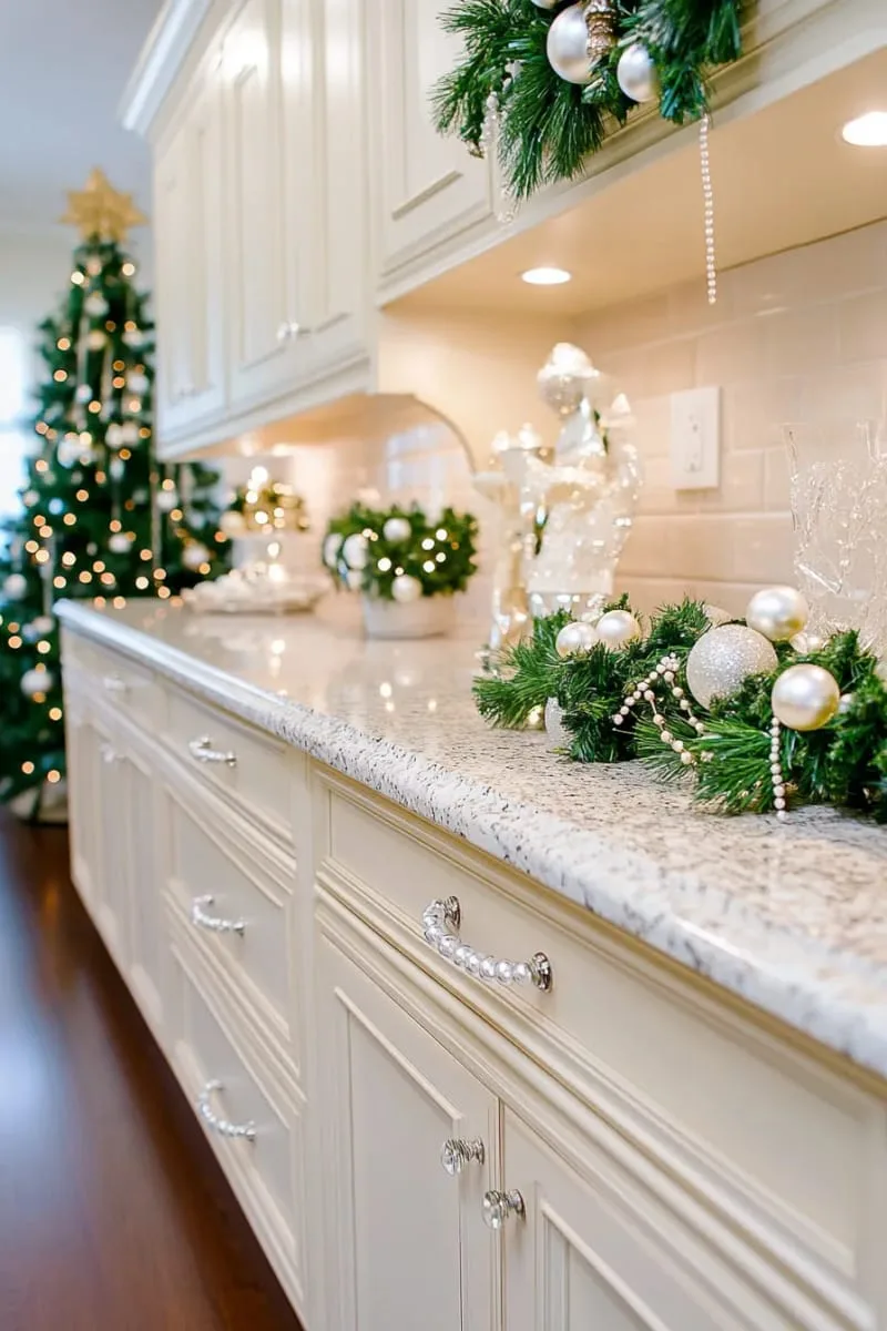 elegant pearl garland wrapped around upper cabinet handles 1