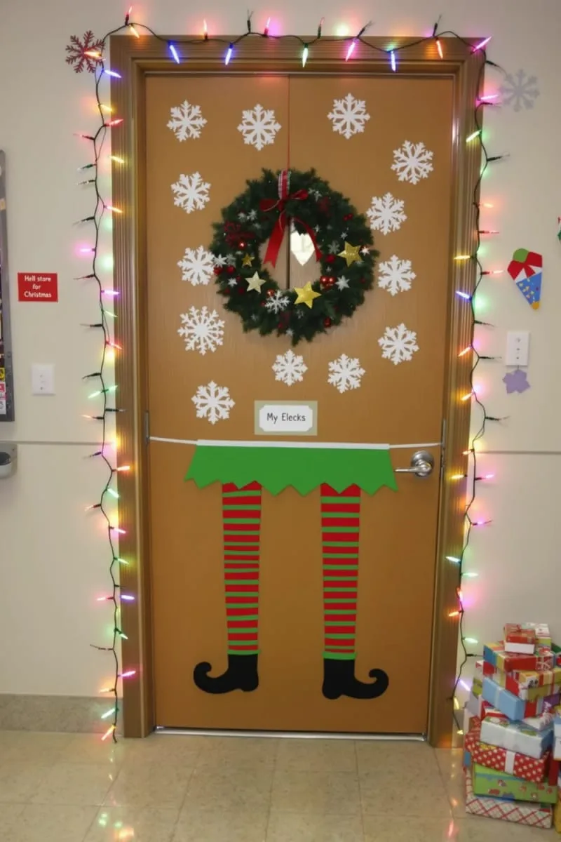 21 Festive Classroom Christmas Decor Ideas for a Joyful Season 89 elf legs and boots sticking out from under the classroom door 1