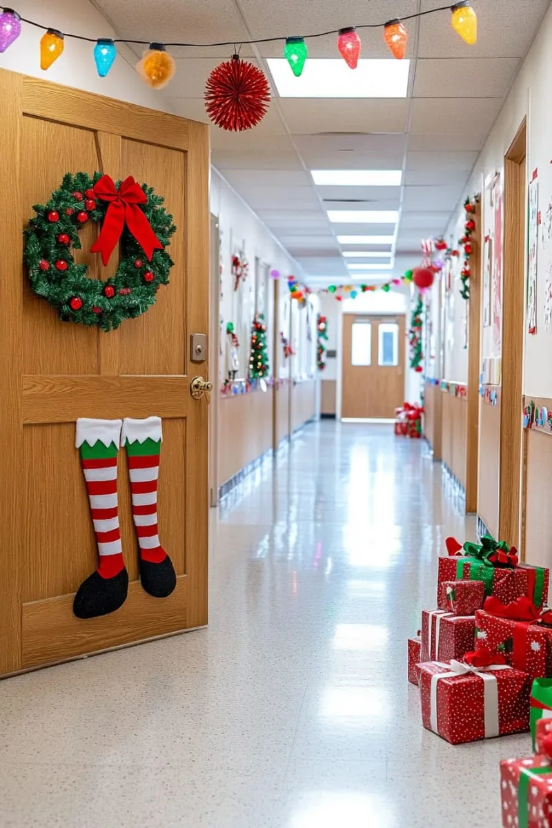 21 Festive Classroom Christmas Decor Ideas for a Joyful Season 90 elf legs and boots sticking out from under the classroom door 1