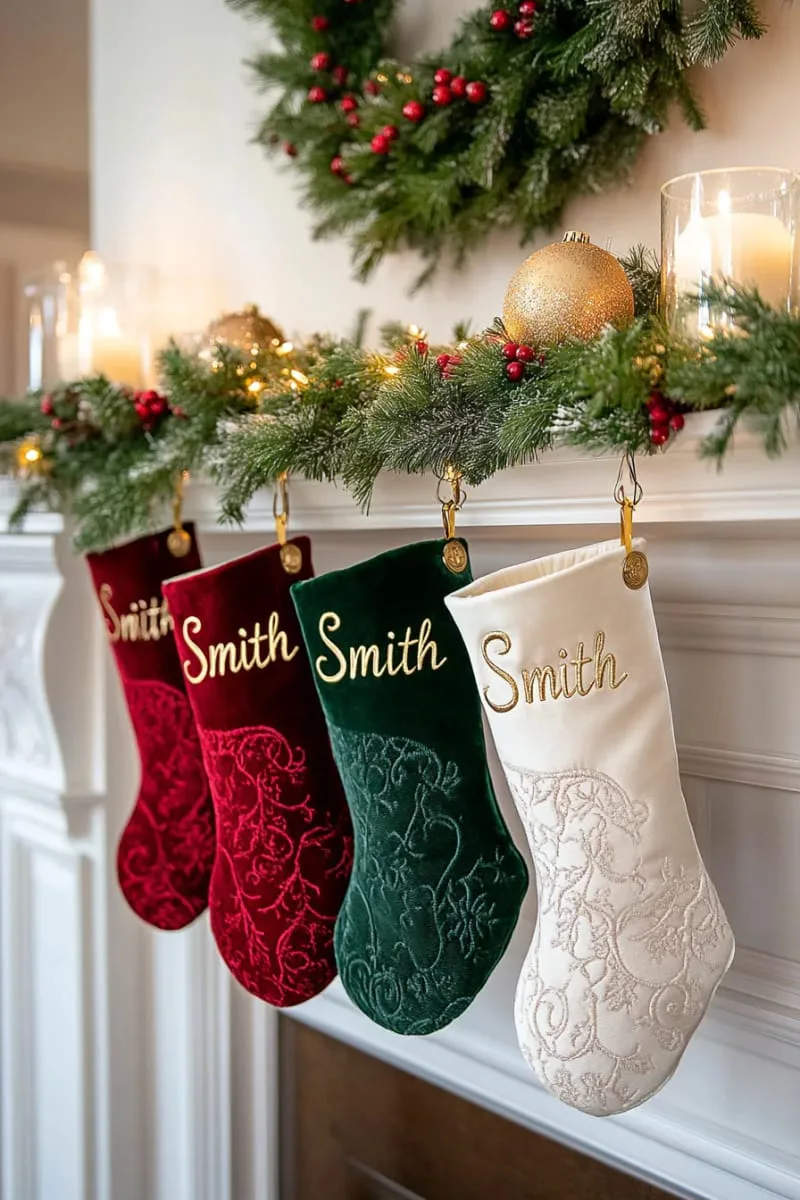 embroider family names in metallic thread for a luxurious personalized stocking display 1
