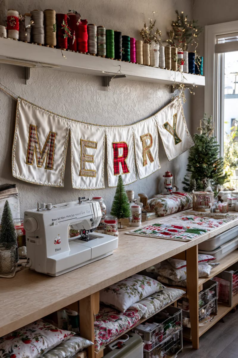 embroidered “merry” banner using vintage christmas fabric and thread 1